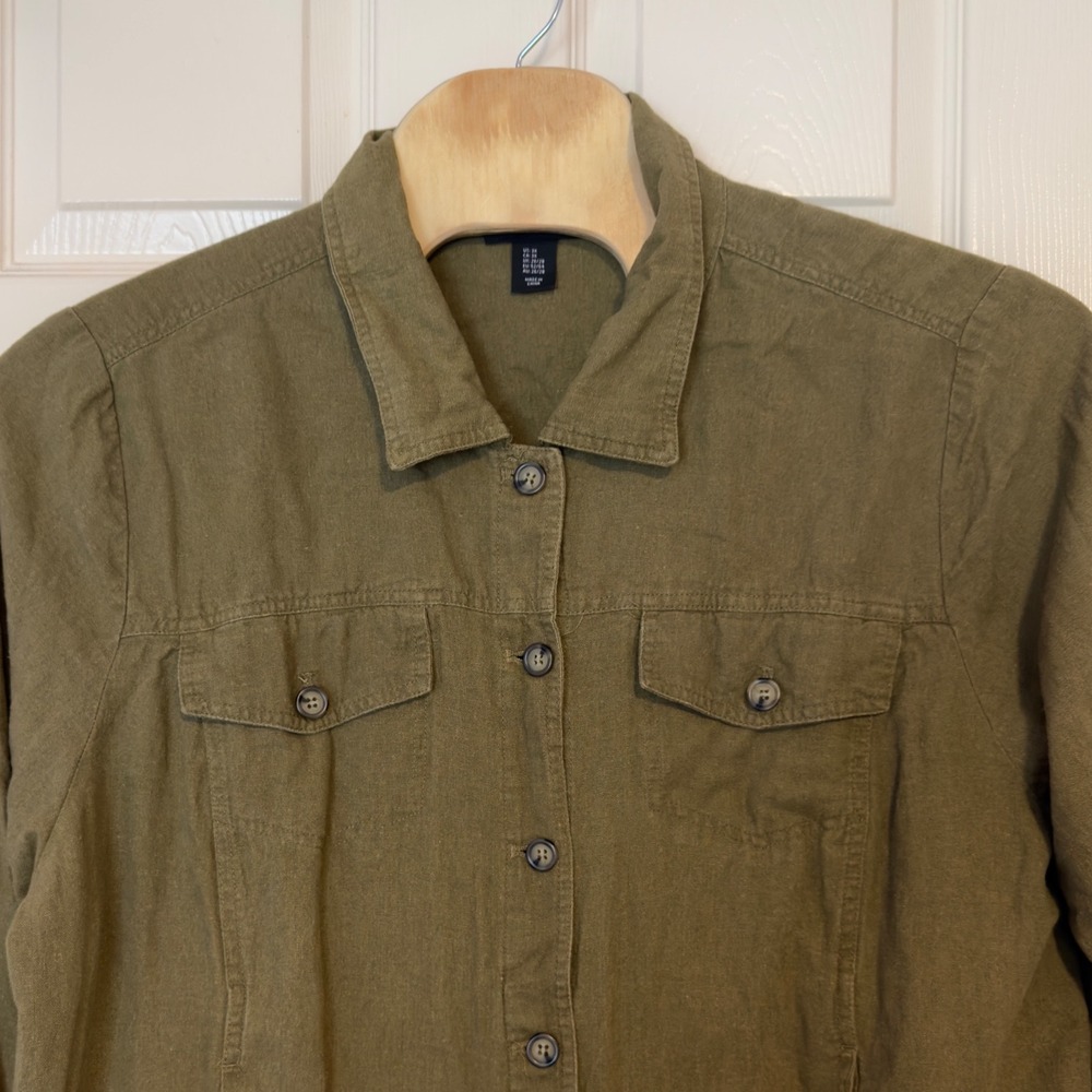 Tahari Linen Blend Green Utility Shirt Jacket Shacket Size 3X Casual Layering - Picture 3 of 8